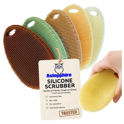 Silicone Dish Scrubber Set of 5 – Reusable Food-Grade Kitchen Sponges