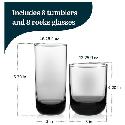 Libbey Polaris Tumbler & Rocks Glass Set of 16, Smoke Hue, Lead-Free Same Day